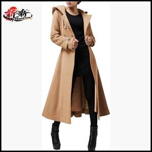 Long Wool Blend Trench Coat with Hood and Belts, Double-Breasted